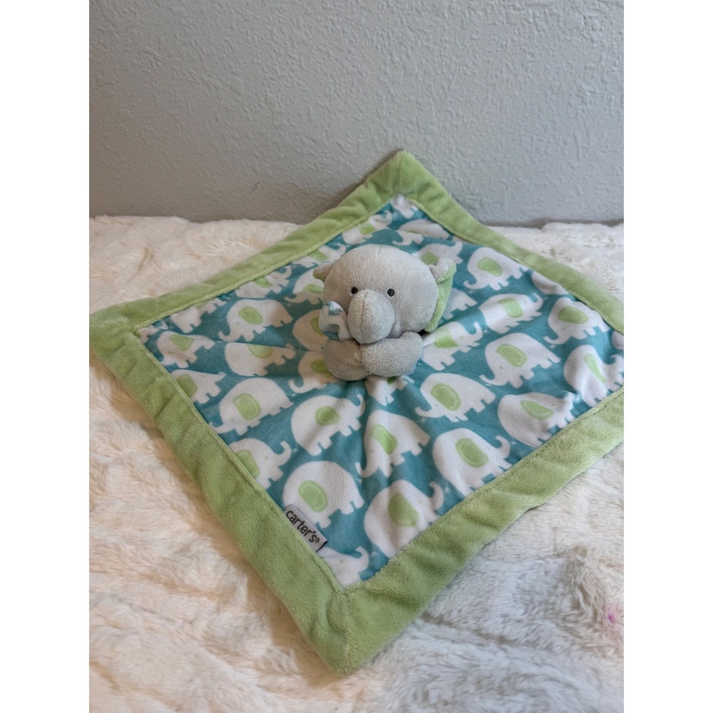 Carters Elephant Security Blanket Lovey Teal Green White Plush Snuggle Toy 13"